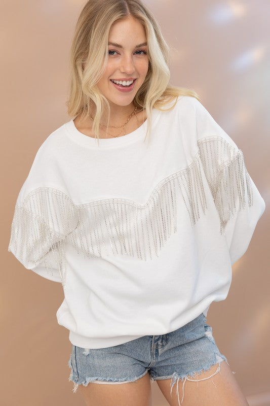 WILLOW RHINESTONE FRINGE SWEATSHIRT