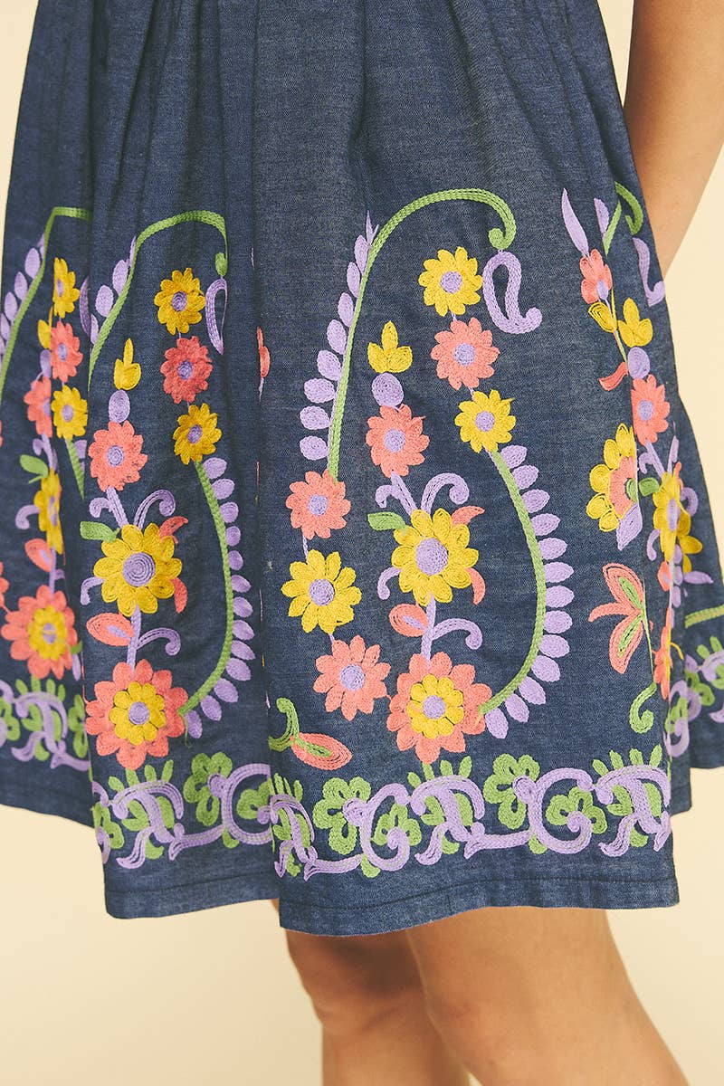 FLARED INDIGO DENIM FLORAL EMBROIDERED MINI DRESS