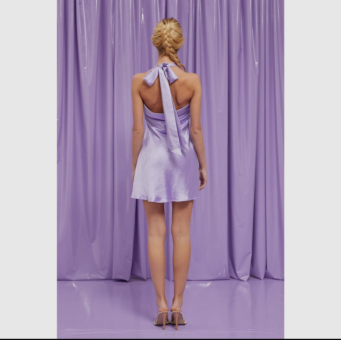 ANGEL SATIN HALTER NECK TIED FLARE MINI DRESS
