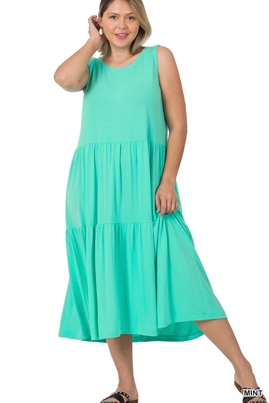IRINA PLUS SLEEVELESS TIERED MIDI DRESS