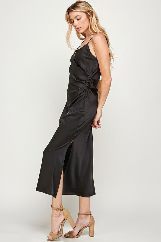 JAYE RUCHED WRAP SATIN MIDI DRESS
