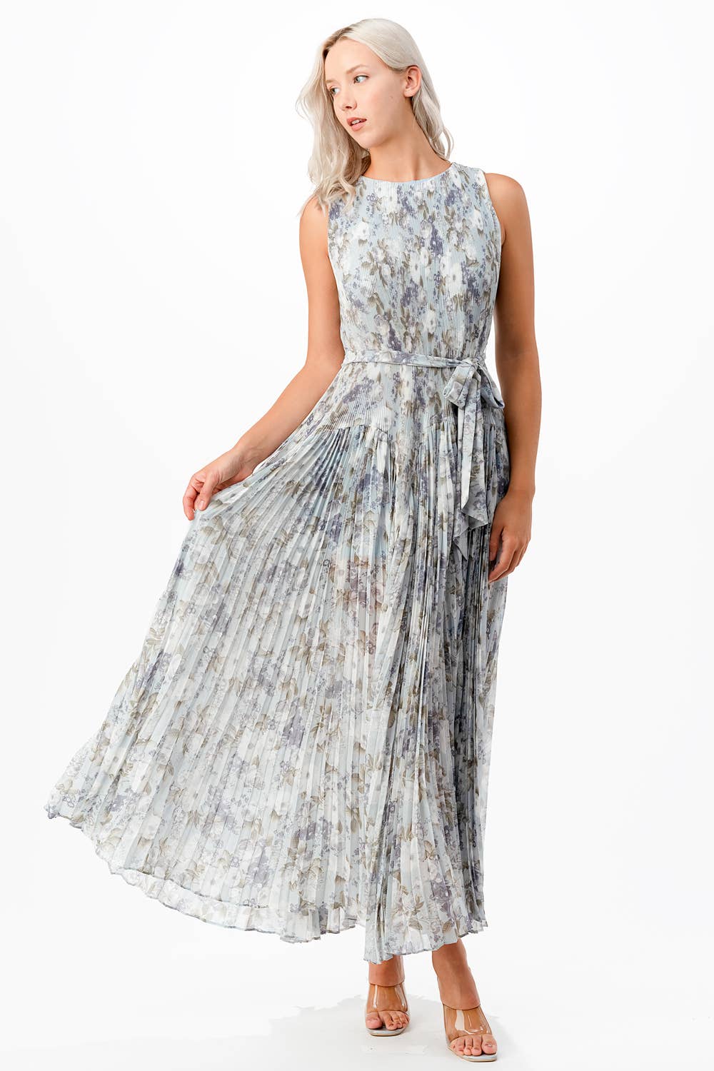FLEUR MIX PLEATS SLEEVELESS MAXI DRESS