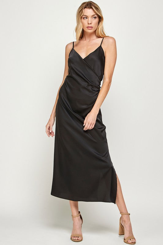 JAYE RUCHED WRAP SATIN MIDI DRESS