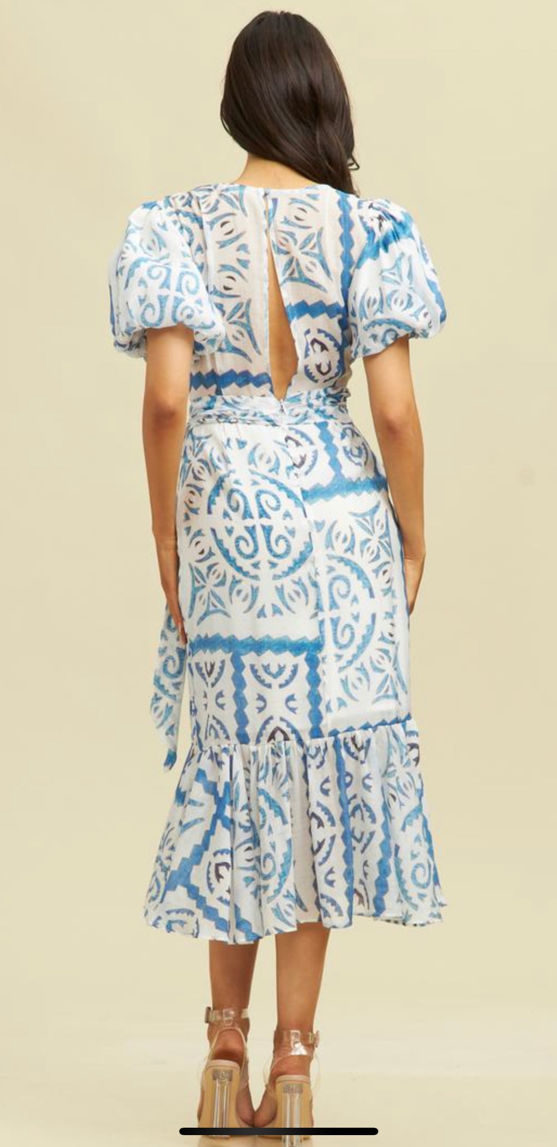 CHASTITY PUFF SLEEVE FAUX WRAP PRINT MIDI DRESS