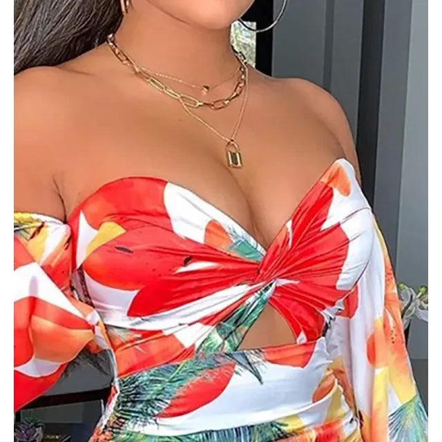 ROSANNA OFF THE SHOULDER LONG SLEEVE SWEETHEART TROPICAL SATIN MINI DRESS