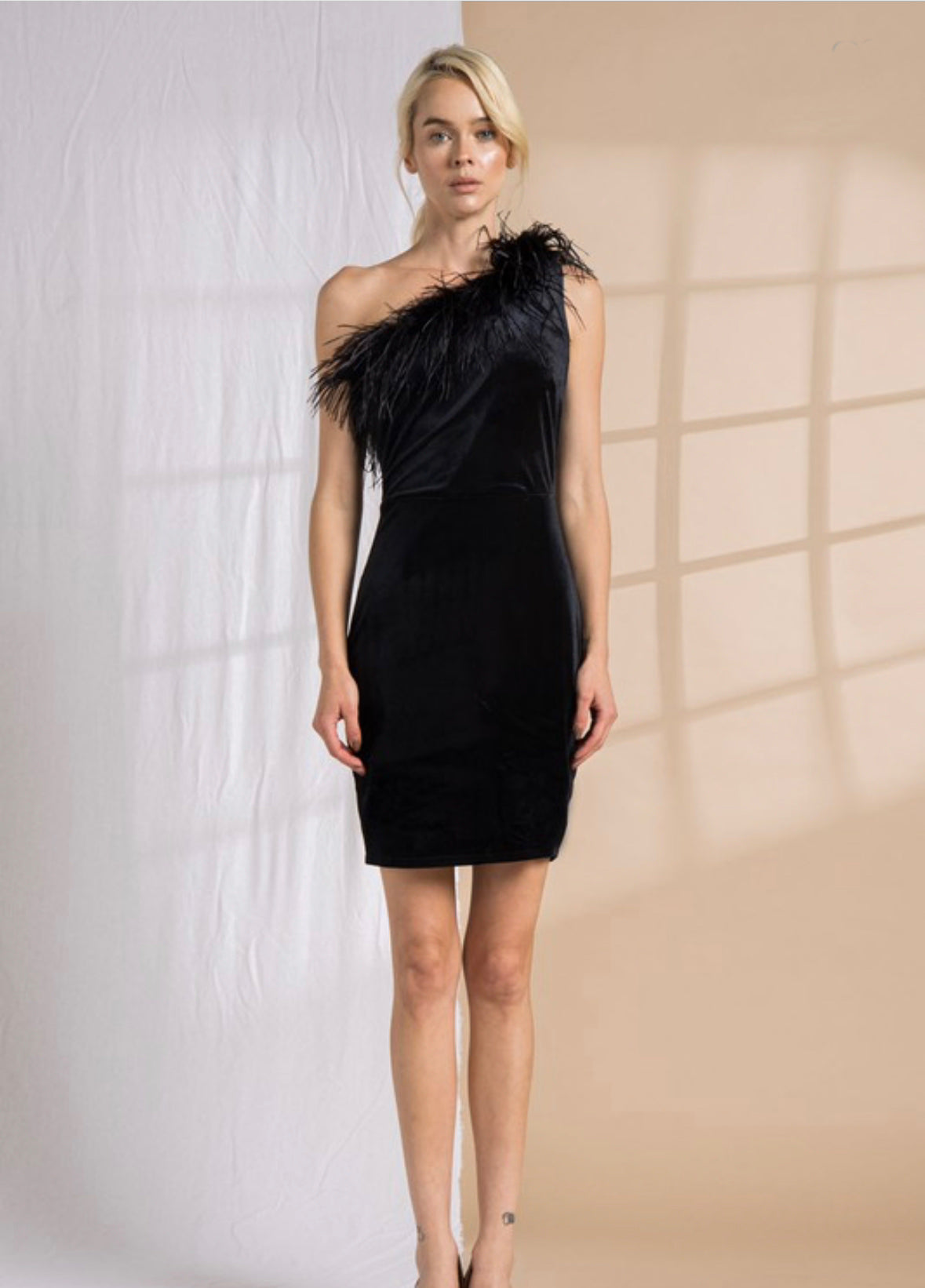 DELILAH ASYMETRICAL FAUX FEATHER VELVET MINI DRESS