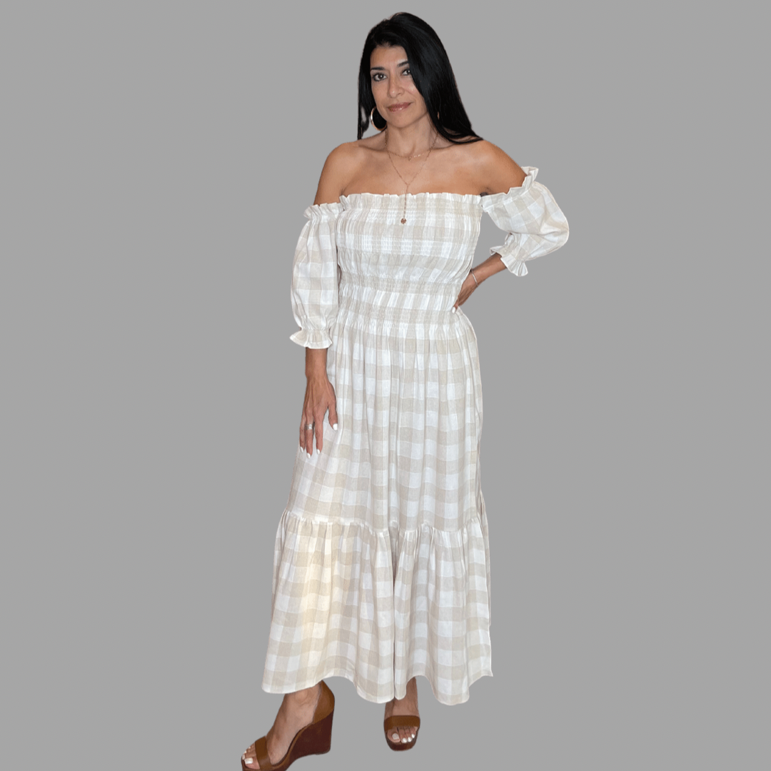MARIELLA OFF THE SHOULDER CHECKERED SMOCKED MAXI DRESS