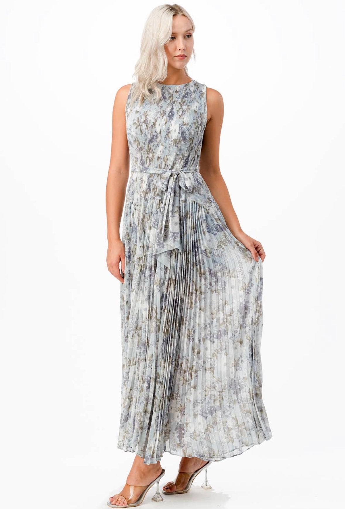 FLEUR MIX PLEATS SLEEVELESS MAXI DRESS