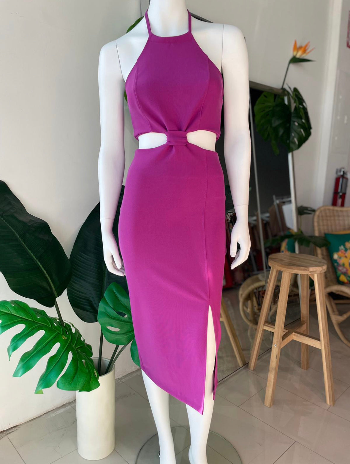 REBEKAH HALTER CUTOUT SIDES MIDI DRESS