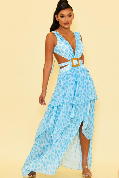 SHARIE TIERED PRINT RUFFLE CHIFON MAXI DRESS