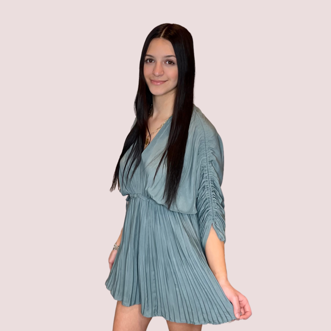 MALLORY PLEATED RUCHED TIE SLEEVE MINI DRESS
