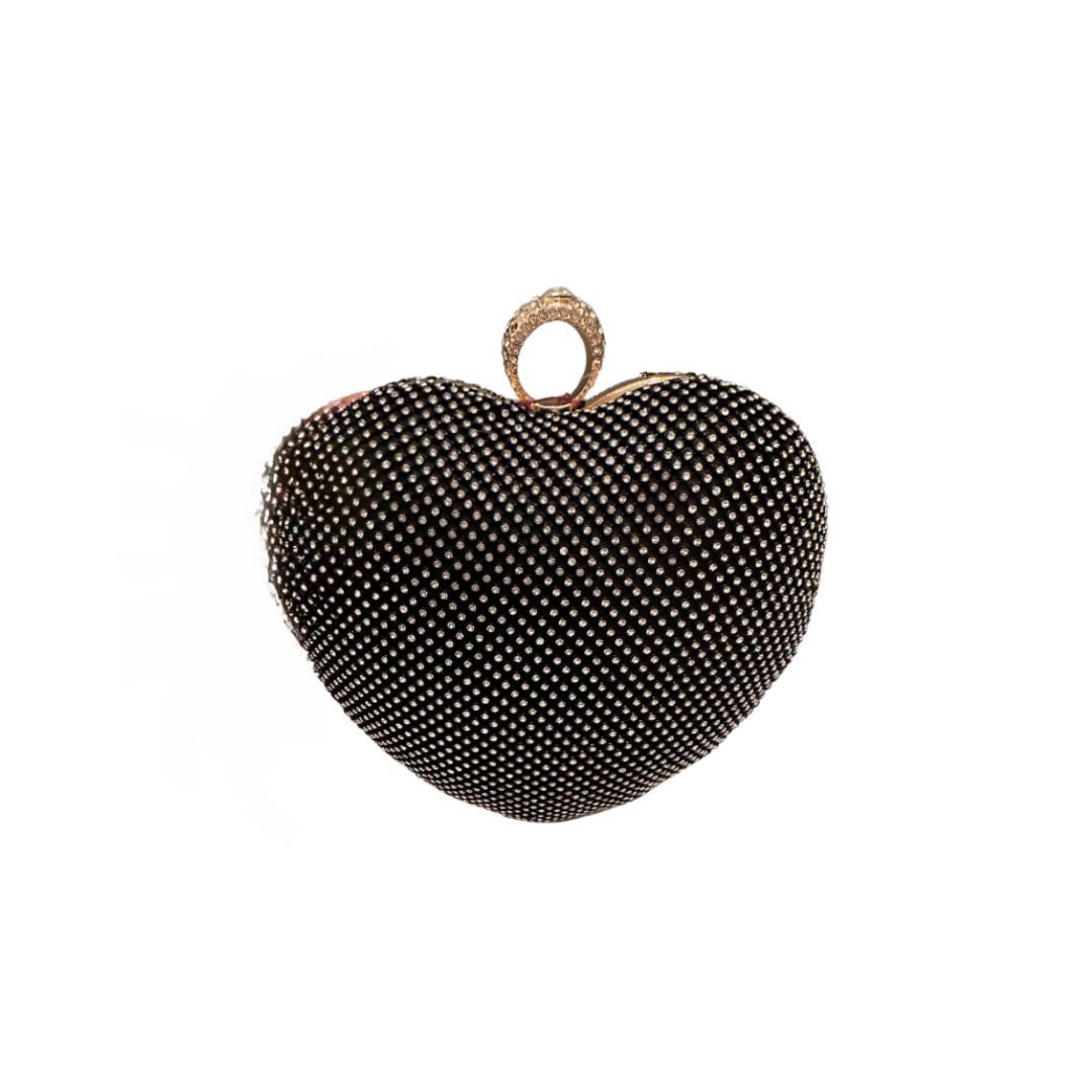 EMBELLISHED RHINESTONED SATIN HEART SHAPED CLUTCH