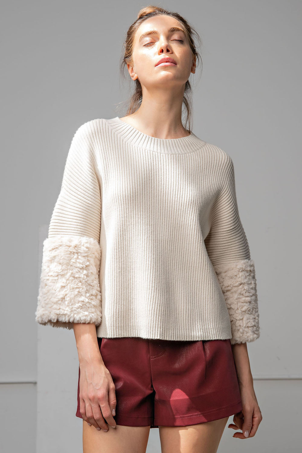 WINNIE FAUX FUR MID SLEEVE KNIT SWEATER