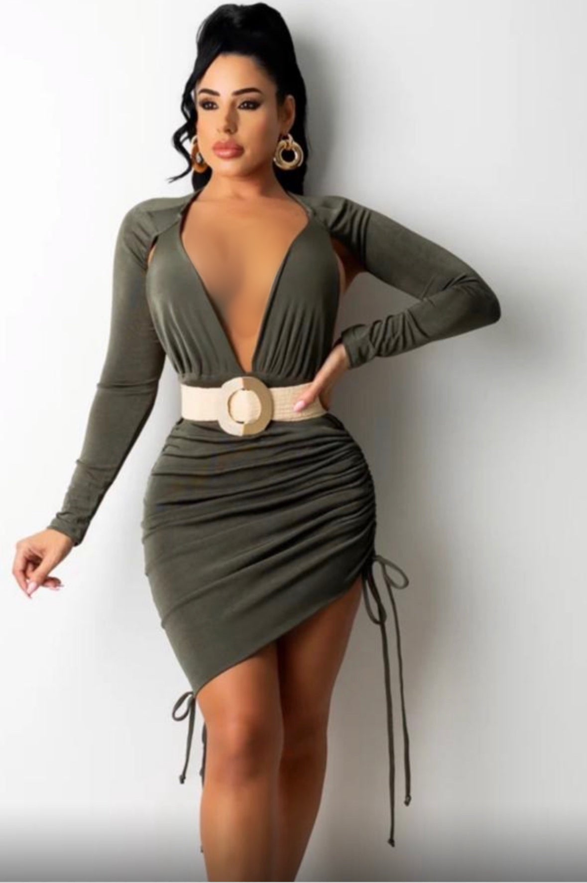 GINGER LONG SLEEVE DEEP V-NECK MINI DRESS