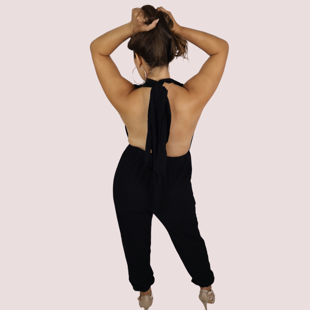 ADDISON LINEN SELF TIE V-NECK HALTER JUMPSUIT
