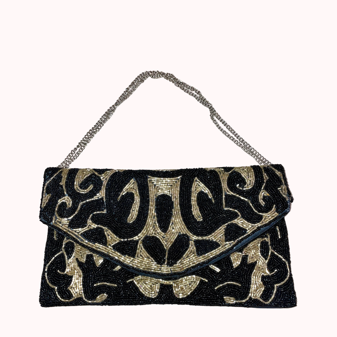 ELEGANT BLACK AND GOLD BEADED CLUTCH