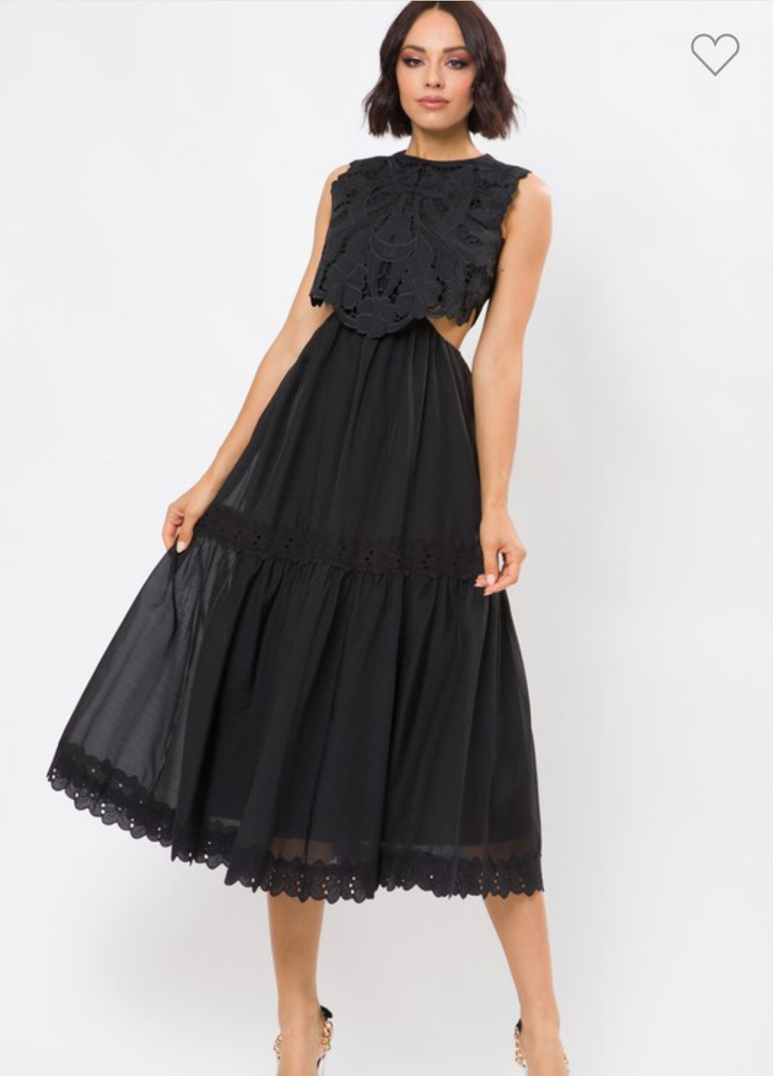 ADINA EYELET LACE SIDE CUTOUT BLACK MIDI DRESS