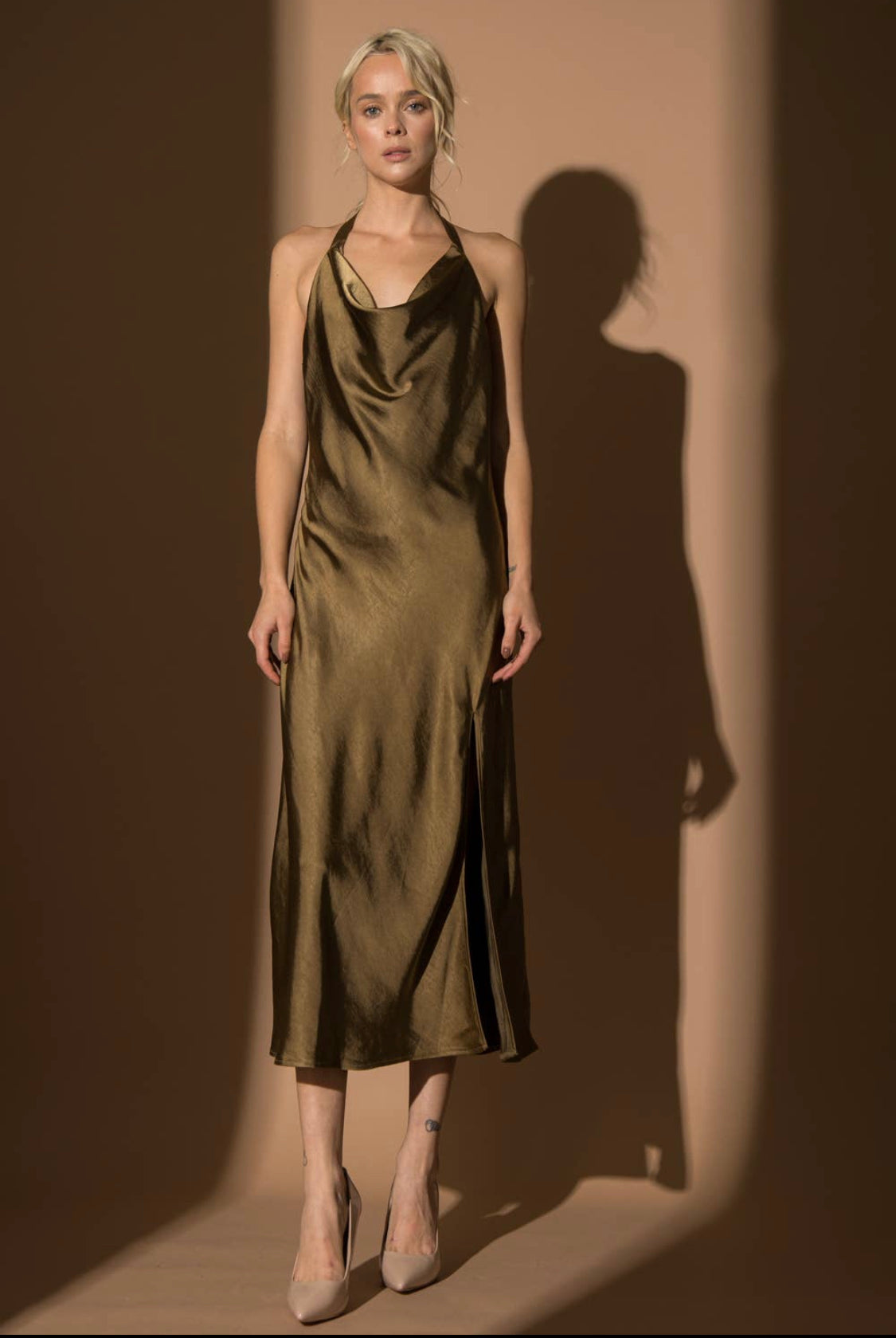 ALICIA SATIN HALTER MIDI DRESS