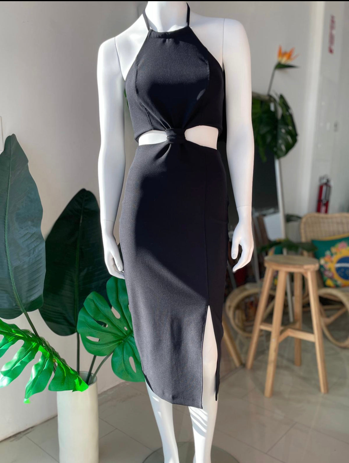 REBEKAH HALTER CUTOUT SIDES MIDI DRESS