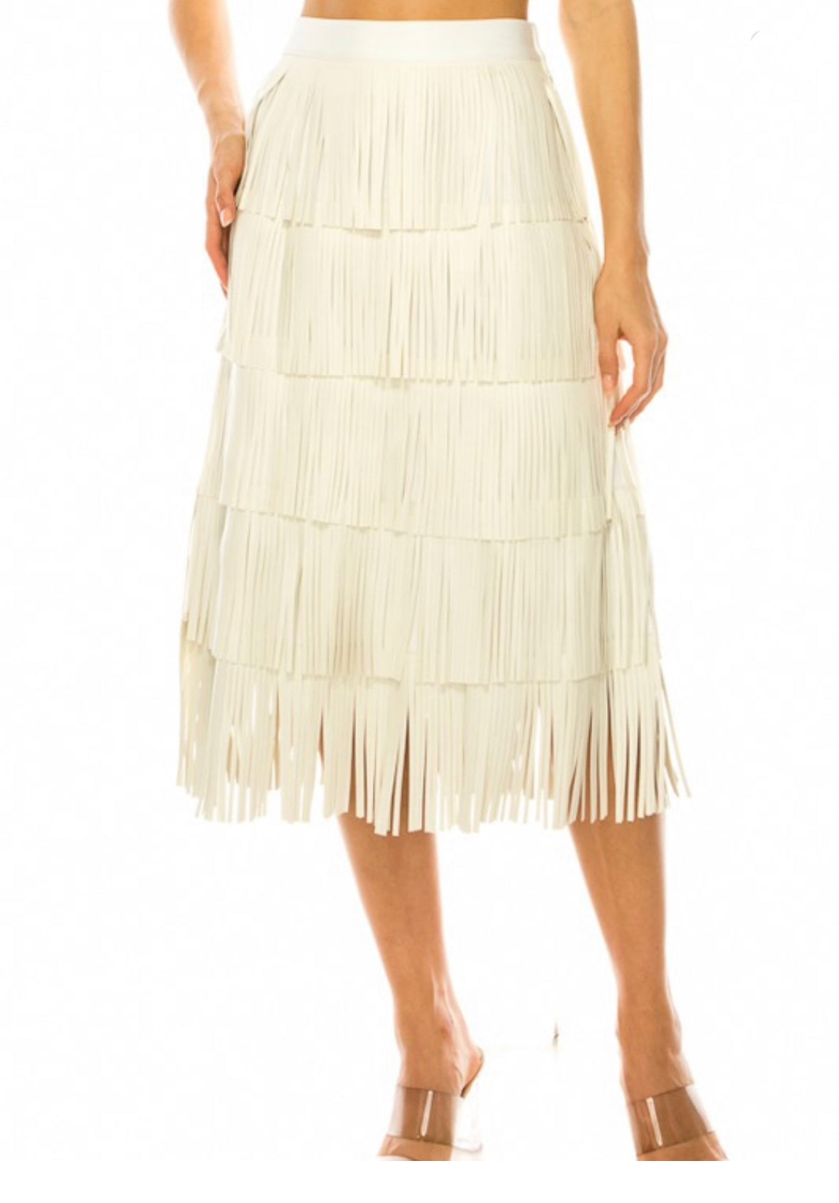 DOVE FAUX LEATHER FRINGED SKIRT