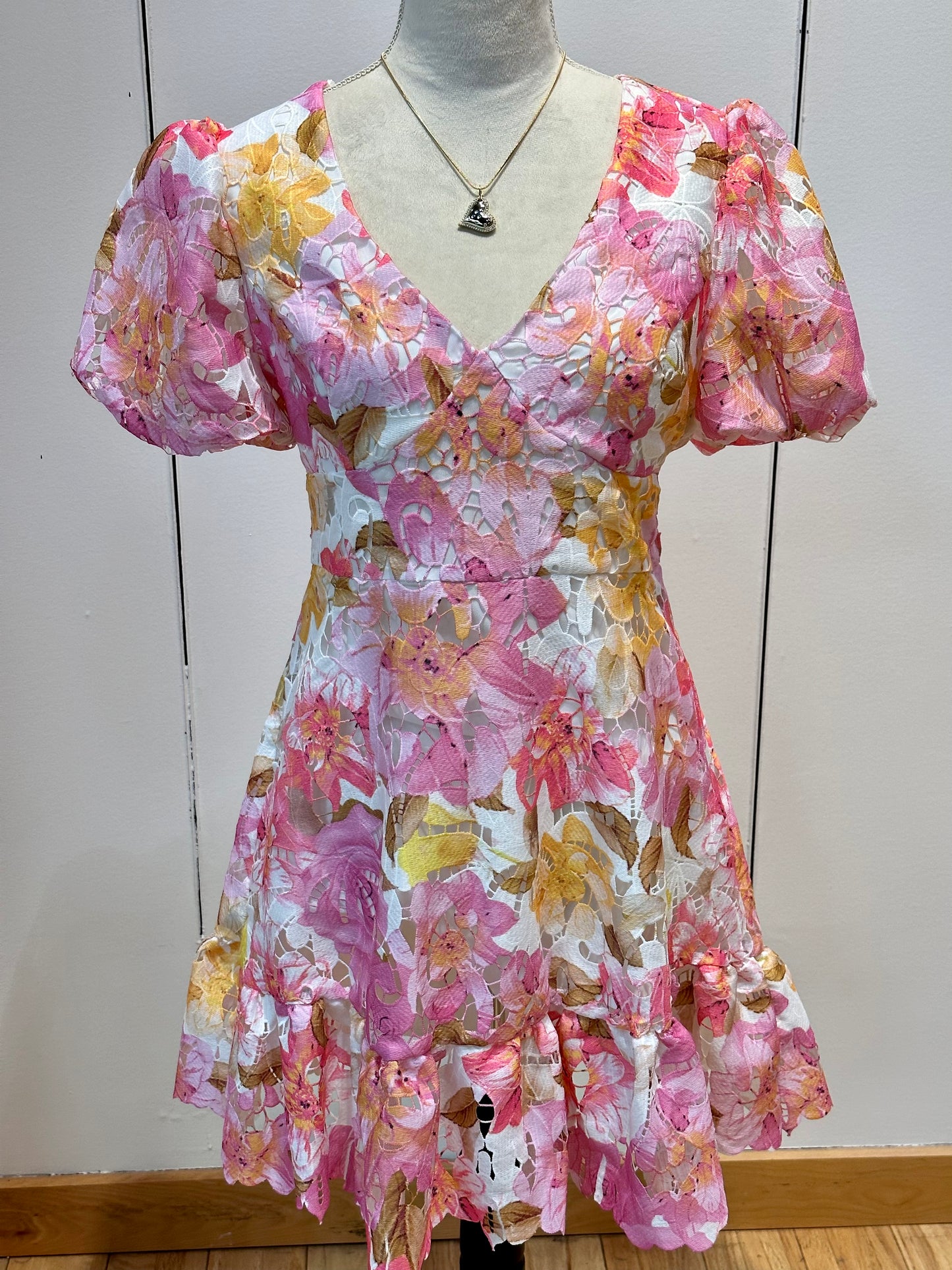 HOLLIE PUFF SLEEVE MULTICOLOR LACE MINI DRESS