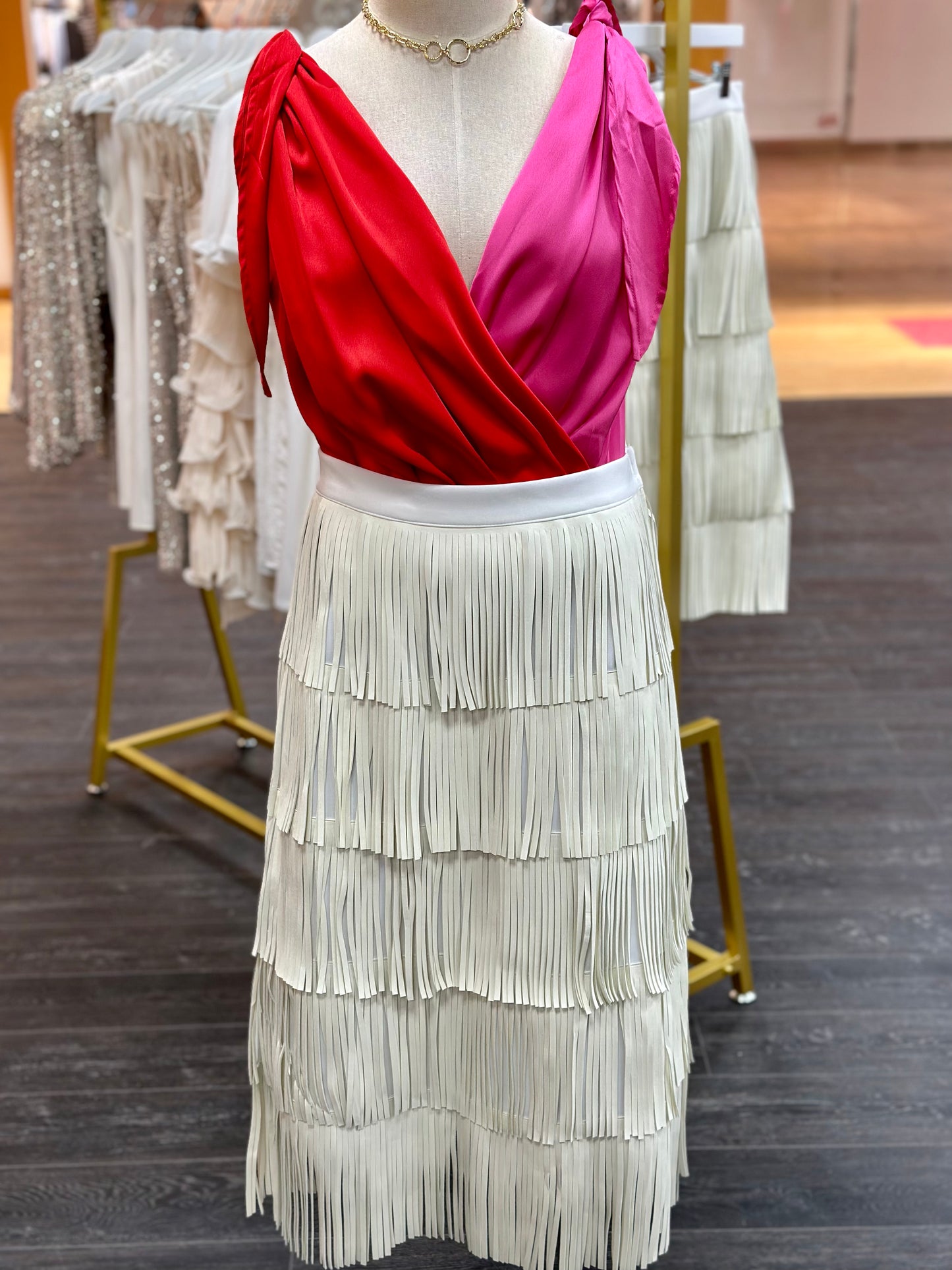 DOVE FAUX LEATHER FRINGED SKIRT