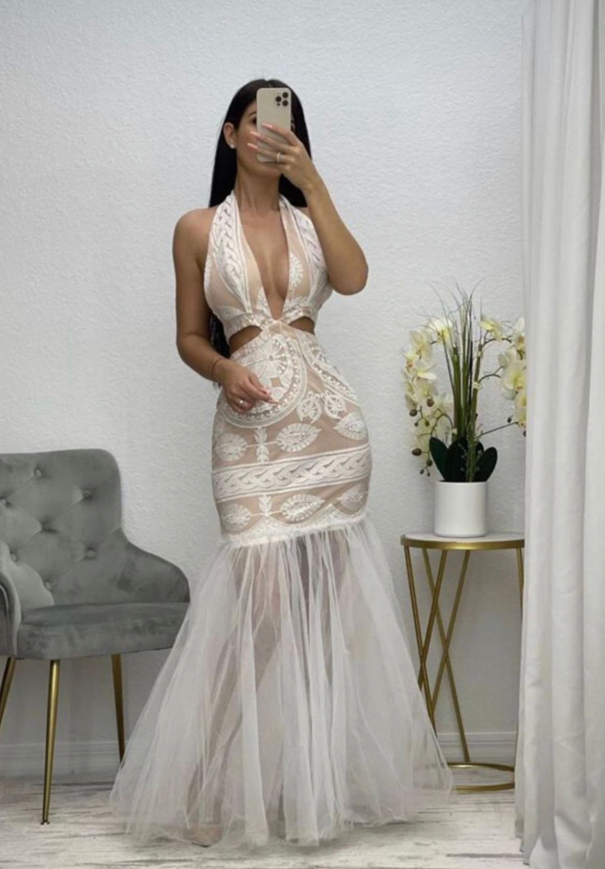 PEARL HALTER MERMAID TULLE MAXI DRESS – MilaGrace Boutique