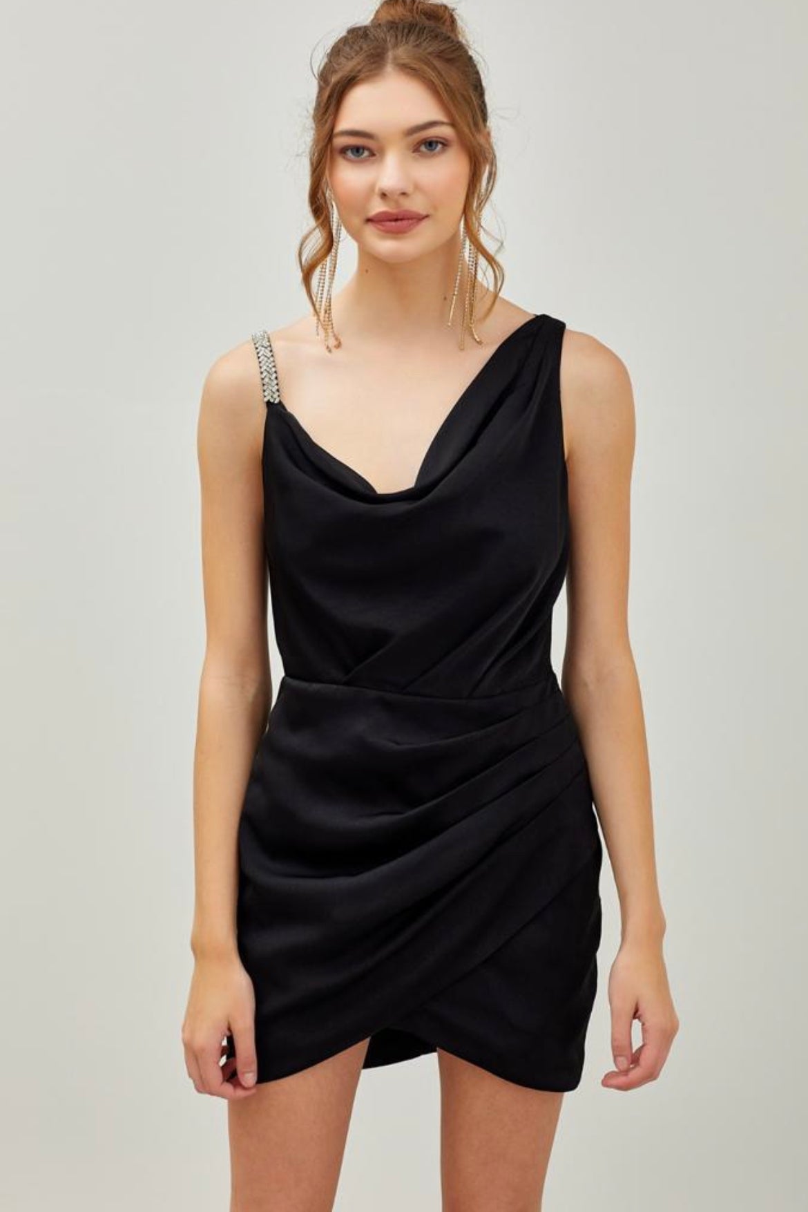GABRIELLA SATIN COWEL NECK RHINESTONED STRAP MINI DRESS