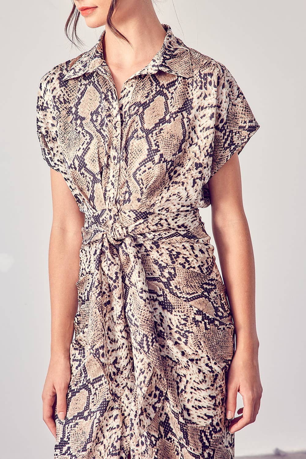 JANA SATIN SNAKE PRINT FRONT TIE MIDI DRESS