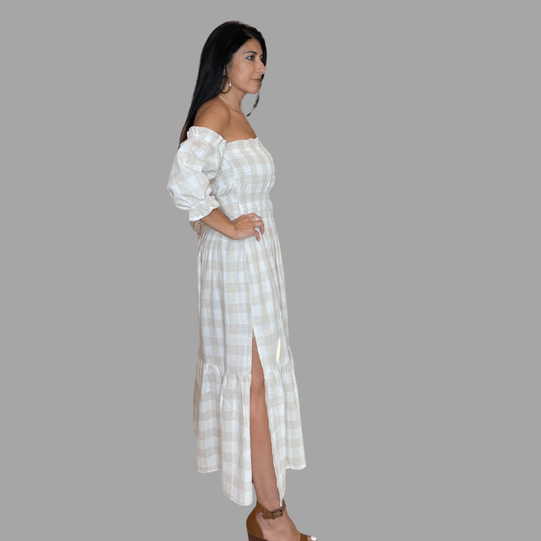 MARIELLA OFF THE SHOULDER CHECKERED SMOCKED MAXI DRESS