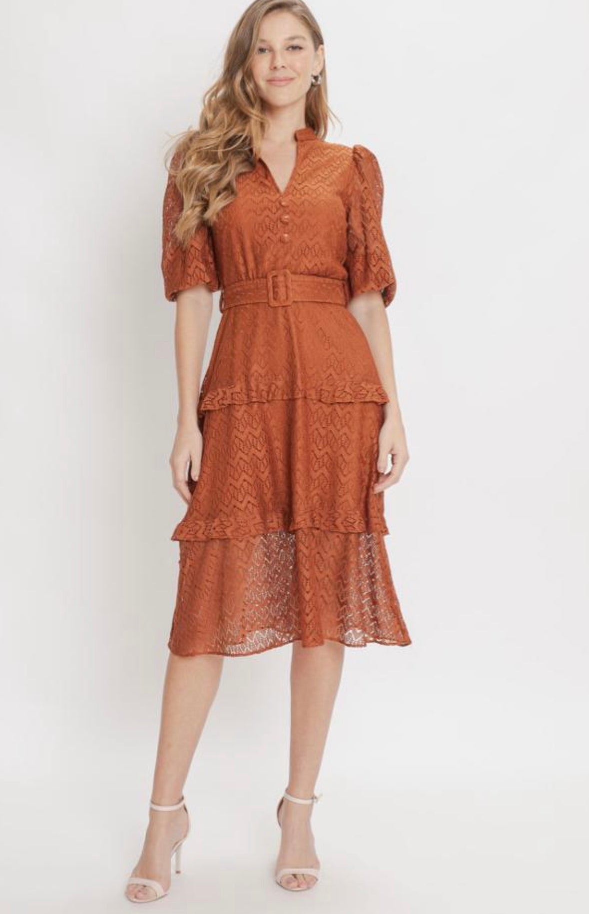 ADIRA LACE BURNT ORANGE TIERED RUFFLE MIDI DRESS MilaGrace Boutique ADIRA LACE BURNT ORANGE TIERED RUFFLE MIDI DRESS MilaGrace Boutique