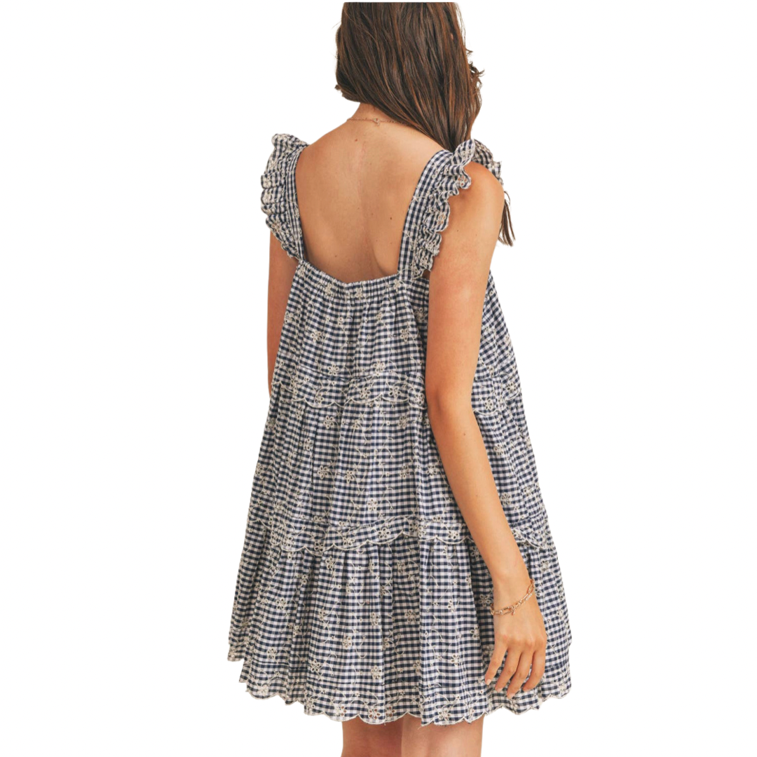 DELIA GIGHAM EMBROIDERED FLORAL MINI DRESS