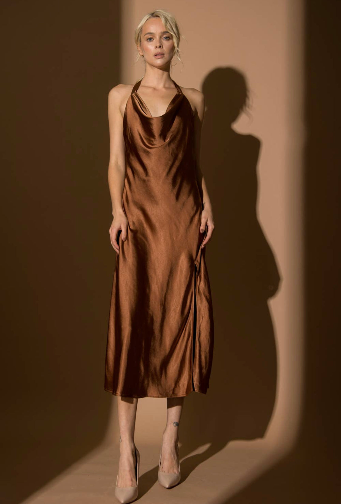 ALICIA SATIN HALTER MIDI DRESS