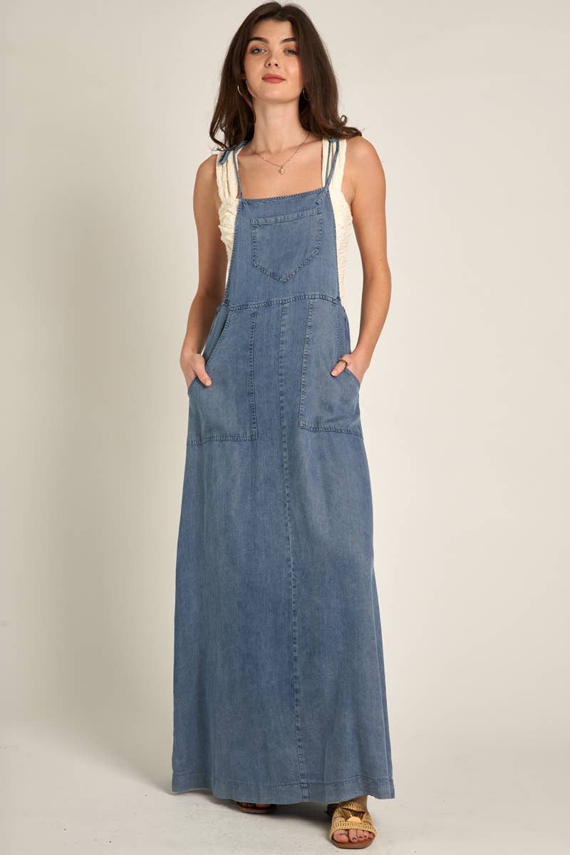 OLIVIA TIE SHOULDER CHAMBRAY MAXI DRESS