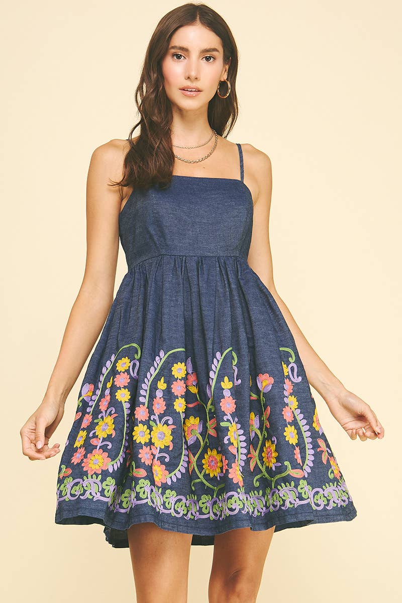 FLARED INDIGO DENIM FLORAL EMBROIDERED MINI DRESS
