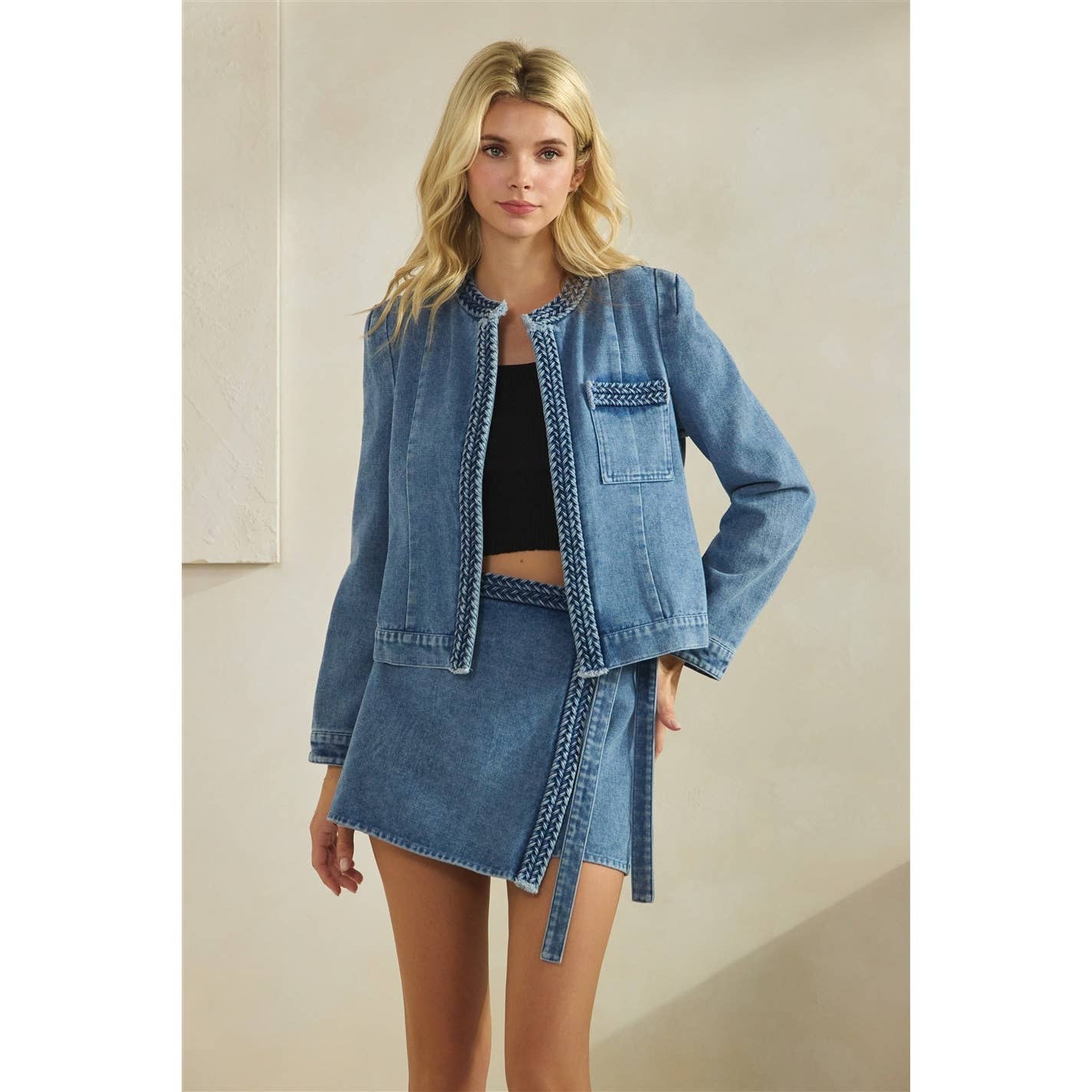 Denim Jacket with Braided Trim