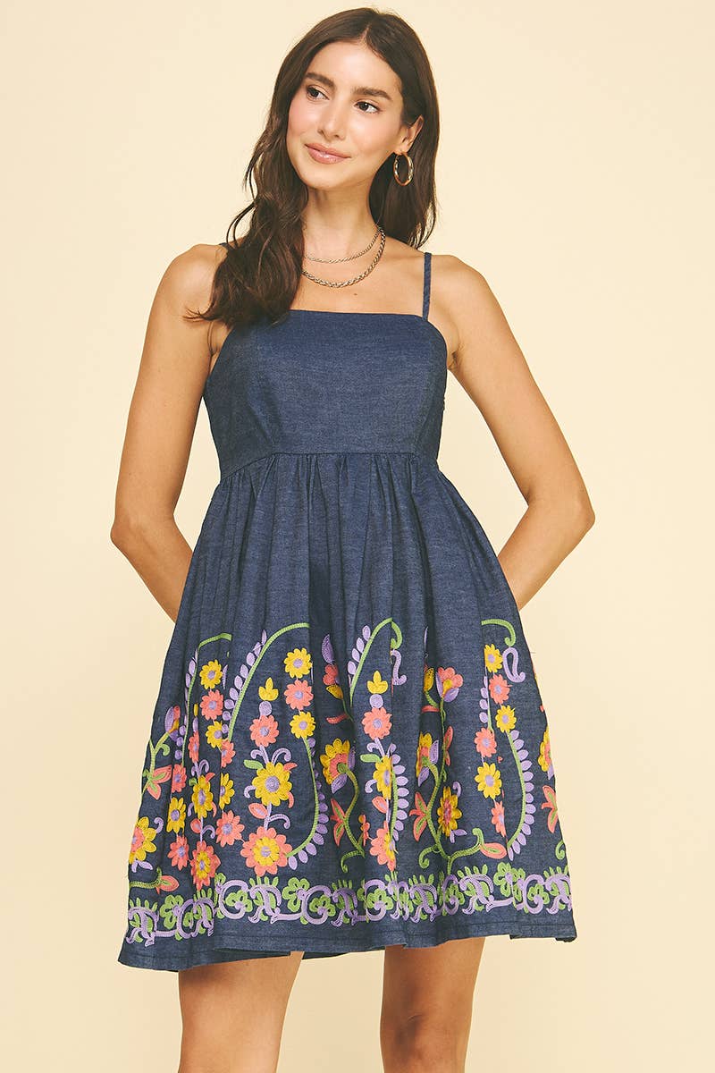 FLARED INDIGO DENIM FLORAL EMBROIDERED MINI DRESS