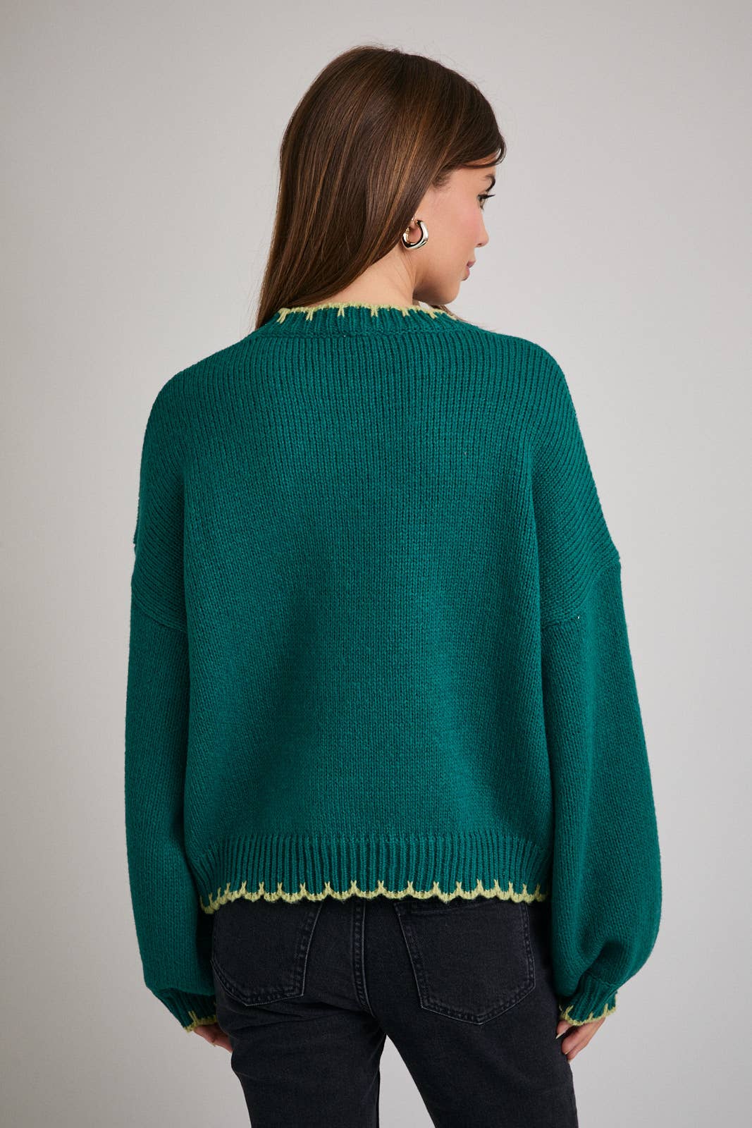 "CHRISTMAS TREE" STITCHING OVERSIZED SWEATER: GREEN-LT GREEN / M