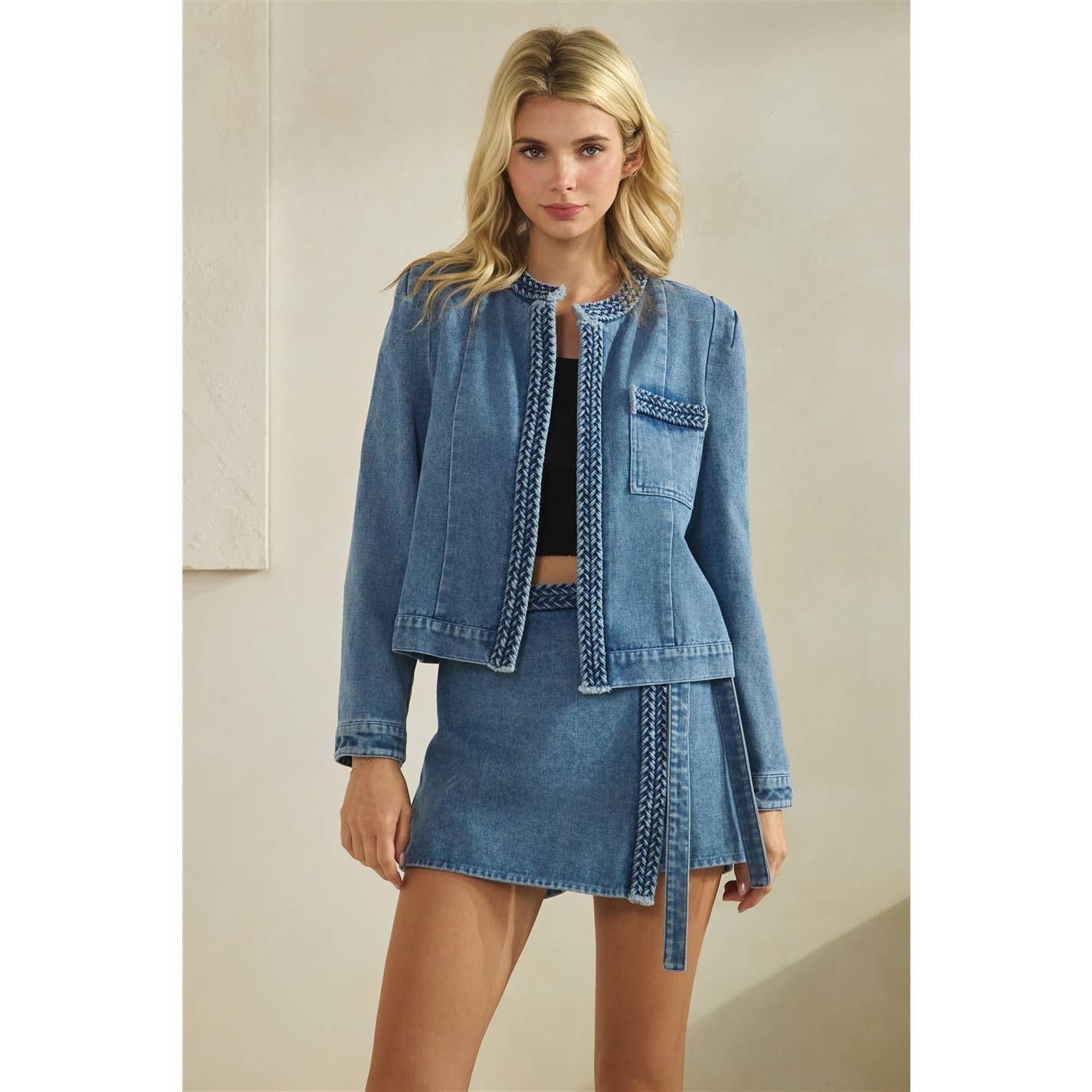 Denim Jacket with Braided Trim