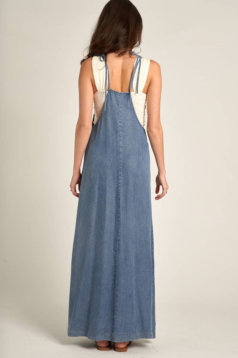 OLIVIA TIE SHOULDER CHAMBRAY MAXI DRESS