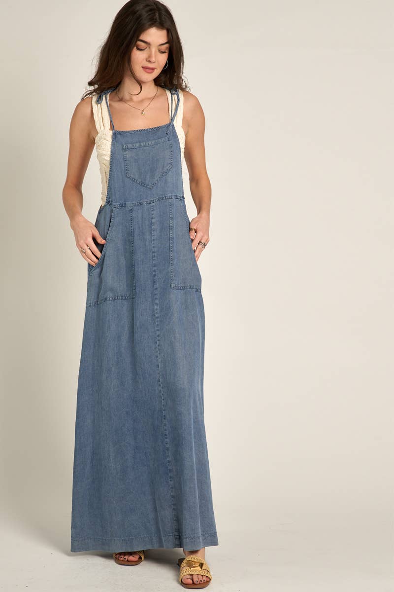 OLIVIA TIE SHOULDER CHAMBRAY MAXI DRESS
