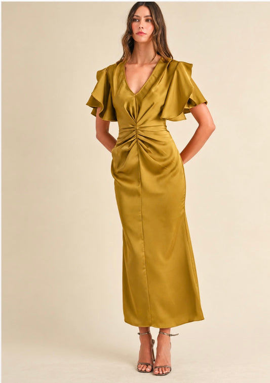 IRENE GOLDEN SATIN RUCHED MAXI DRESS