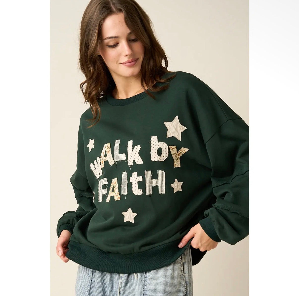WALK BY FAITH PATCHWORK SWEATSHIRT