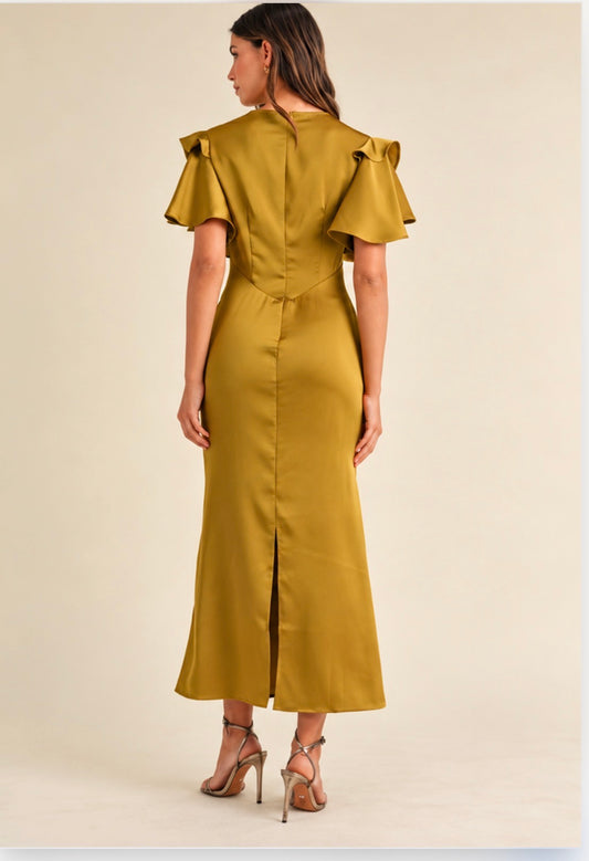 IRENE GOLDEN SATIN RUCHED MAXI DRESS