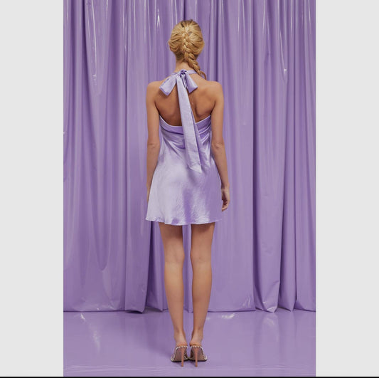 ANGEL SATIN HALTER NECK TIED FLARE MINI DRESS