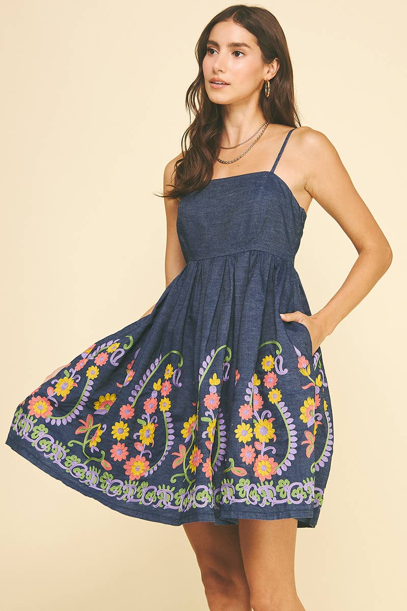 FLARED INDIGO DENIM FLORAL EMBROIDERED MINI DRESS