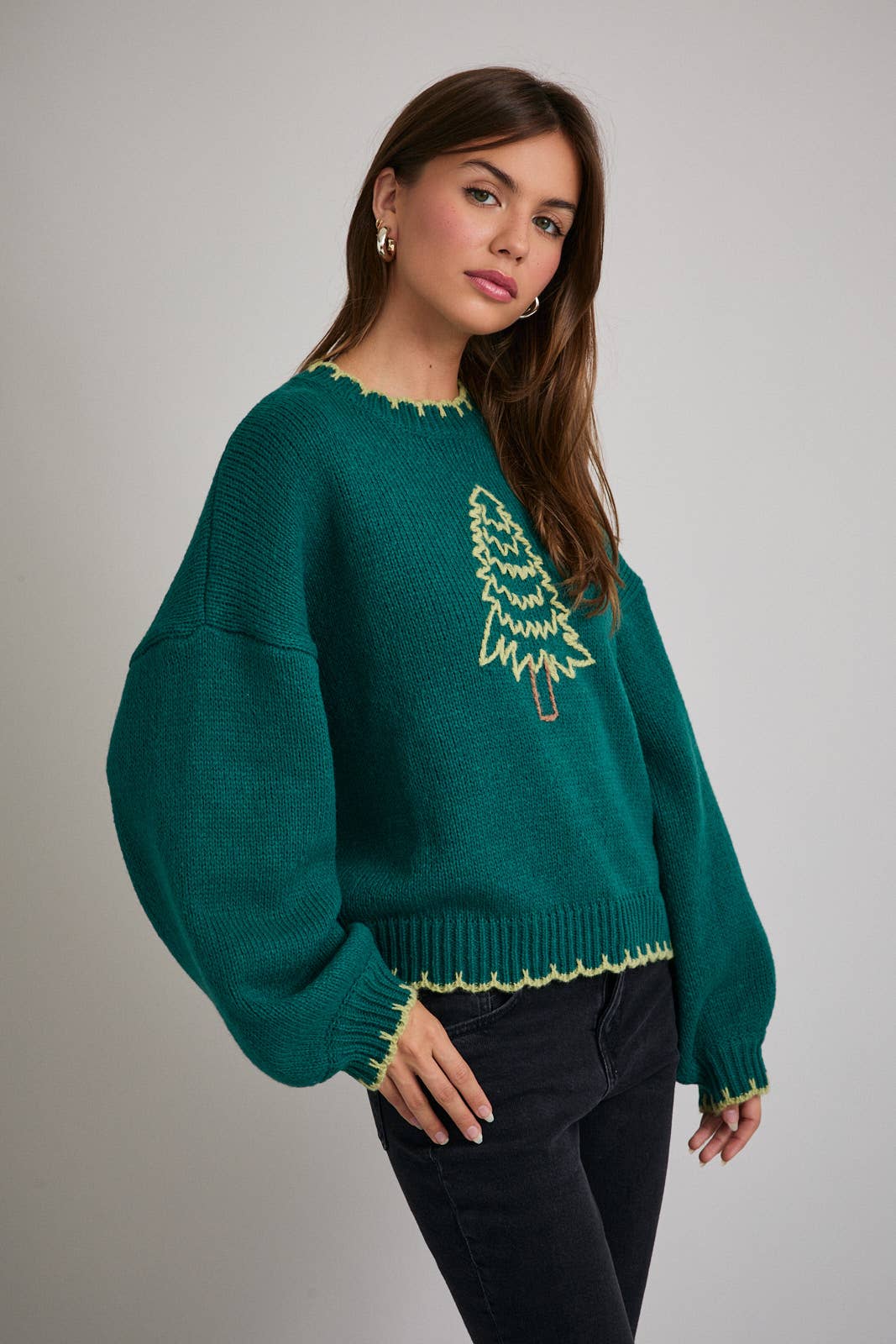 "CHRISTMAS TREE" STITCHING OVERSIZED SWEATER: GREEN-LT GREEN / M