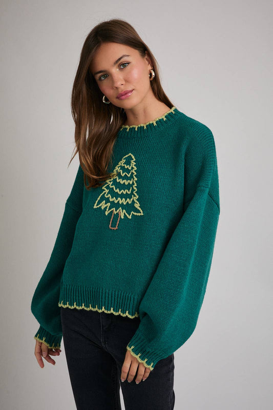 "CHRISTMAS TREE" STITCHING OVERSIZED SWEATER: GREEN-LT GREEN / M
