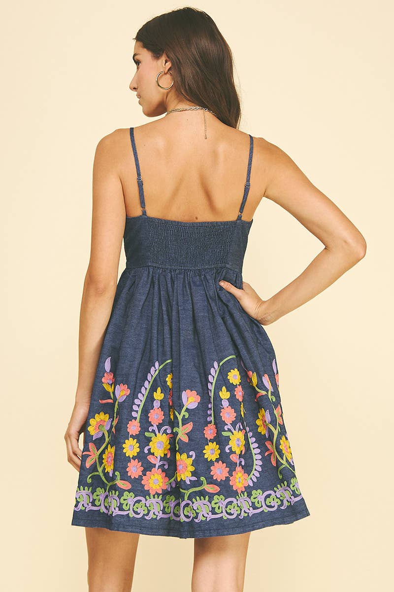 FLARED INDIGO DENIM FLORAL EMBROIDERED MINI DRESS