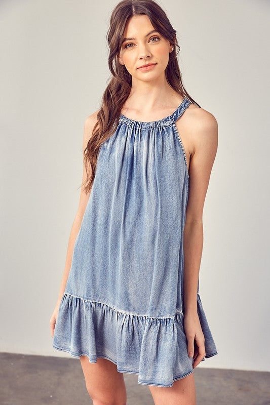 SHIRRED HALTER DENIM MINI DRESS